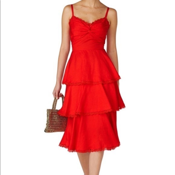MARCHESA Notte Red Tiered Midi Dress - Picture 1 of 8